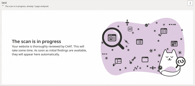 Wartescreen mit Animation: Eine entspannt blickende Katze ist umgeben von Symbolen für Webseiten und Eingabehilfen. Alles schwebt auf einer lilafarbenen Fläche. Ein Lupensymbol wandert kontinuierlich von Symbol zu Symbol und visualisiert den laufenden Scanprozess.