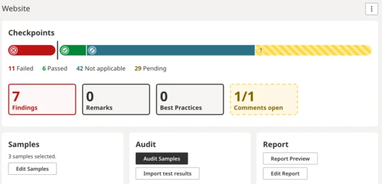 Entry page of a manual audit in CAAT shows the status of the checkpoints