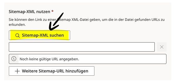 Im screenshot der Maske ist der Schalter "Sitemap-XML suchen hervorgehoben