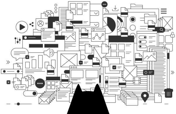 The black cat (CAAT brand mascot ) cat gazes at a huge wall filled with a jumble of digital symbols, windows, files, charts, and buttons.