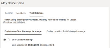 Screenshot of the page "Test catalogs" in organisations. A tab-list to choose between own test catalogs and catalogs provided by CAAT.