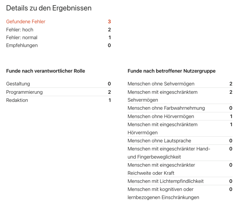 Section “Details on the Results” with three lists: Errors Found, Errors by Responsible Role, and Findings by Affected User Group.
