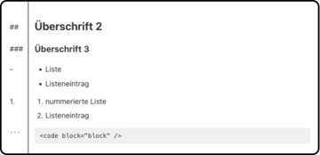 Darstellung der Markdown-Formatierung: Zwei # bilden eine Überschrift 2, 3 # bilden eine Überschrift 3, ein Bindestrich bildet eine unnummerierte Liste, eine Zahl die nummerierte Liste, 3 ' bilden einen Code-Block