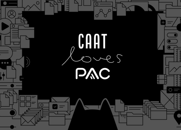 Text reading “CAAT loves PAC”, surrounded by icons representing digital documents. A visual reference to the collaboration between CAAT and PAC.
