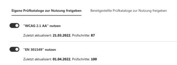 Screenshot einer Liste mit Prüfkatalogen und einem Umschalt-Knopf zum Aktivieren des Katalogs
