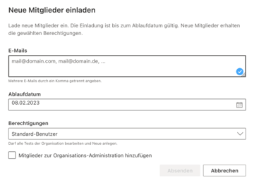 Screenshot des Formulars zum Einladen neuer Teammitglieder: Eingabe von E-Mail, Ablaufdatum und Berechtigungen. Sie können Mitglieder zur Organisations-Administration hinzufügen.