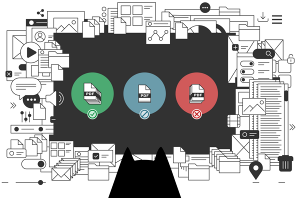 The black CAAT cat is looking at three large colored circles with PDF icons: a green circle with multiple PDF icons and a green check mark, a blue circle with two PDF icons and a blue prohibition symbol, and a red circle with three PDF icons and a red cross.