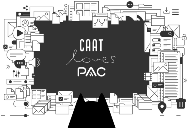 Illustration: Along the edges, a variety of symbols can be seen – icons for documents, graphics, and audio files. In the center, there is a large black area with the words “CAAT loves PAC.” The word “loves” is set in a playful, handwritten-style font. The two software names are displayed in their original logos.
