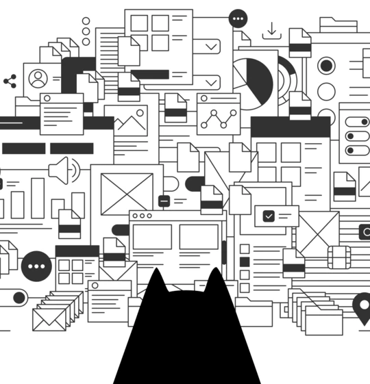 Illustration einer stilisierten digitalen Arbeitsumgebung mit vielen technischen Symbolen, Dokumenten und Diagrammen. Unten ist die Silhouette einer Katze zu sehen. Ein visueller Hinweis auf das Testing-Tool CAAT.