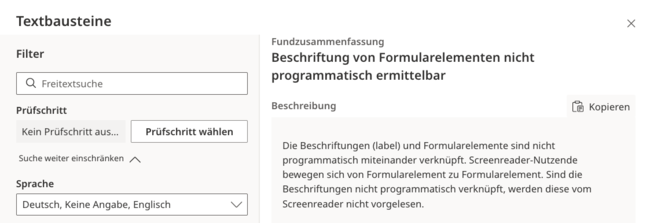 Auswahl der Textbausteine. Links ist eine Filter. Rechts ist der selektierte Textbaustein zu sehen.