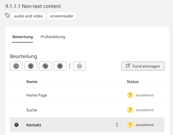 Bewertung des Prüfschrittes 9.1.1.1 Non-text content. Die Stichprobe Kontakt ist ausgewählt und kann beurteilt werden