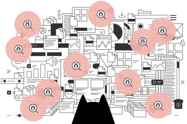 Illustration einer stilisierten digitalen Arbeitsumgebung mit vielen technischen Symbolen, Dokumenten und Diagrammen. Über dem Bild liegen rote Kreise mit Lupe-und-Käfer-Symbolen, die gefundene Barrieren darstellen. Unten ist die Silhouette einer Katze zu sehen. Ein visueller Hinweis auf das Testing-Tool CAAT, das automatisch Barrieren auf Websites erkennt.