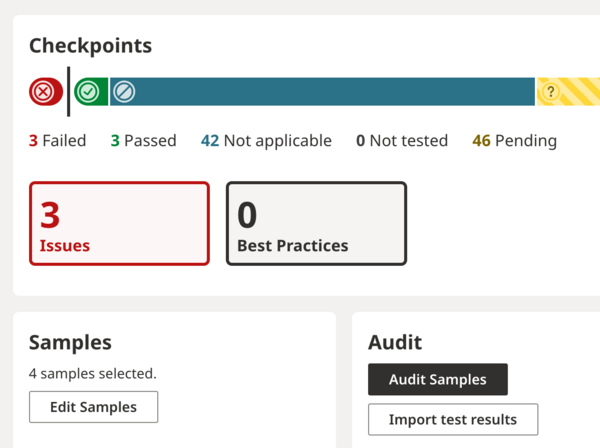 Screenshot of the CAAT interface showing a results overview with a color-coded progress display for accessibility checkpoints, as well as sections for issues, best practices, and audit functions.