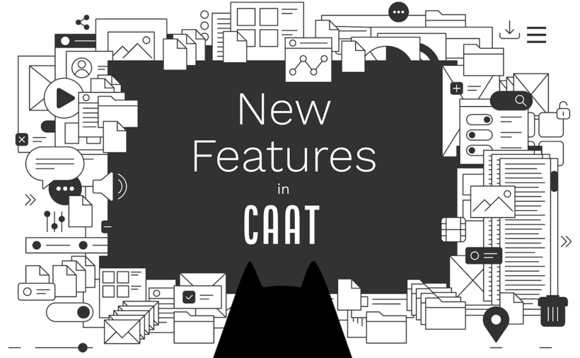 Graphic illustration with the text “New Features in CAAT” in the center, surrounded by icons of files, charts, messages, images, and tools. A stylized cat figure is visible at the bottom.