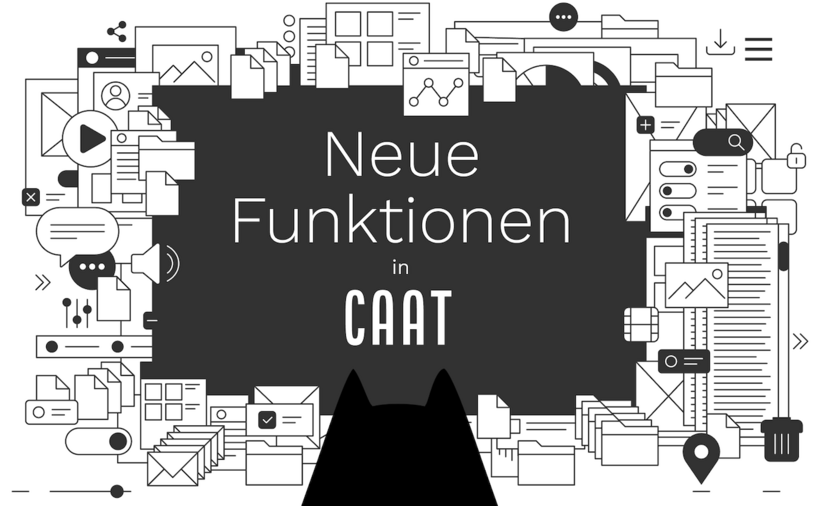 Grafische Illustration mit dem Text „Neue Funktionen in CAAT“ in der Mitte, umgeben von Symbolen für Dateien, Diagramme, Nachrichten, Bilder und Werkzeuge. Unten ist eine stilisierte Katzenfigur zu sehen.