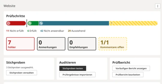 Einstiegsseite eines manuellen Tests zeigt Status der Prüfschritte