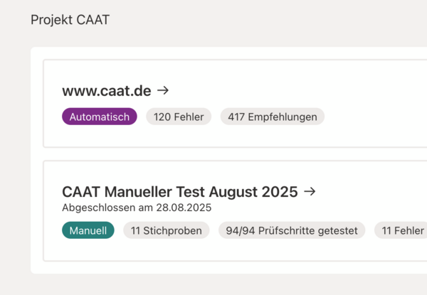 CAAT interface of a project with two audit entries. The first is an automated test of a website with 120 errors and 417 recommendations. The second entry shows a manual test titled “CAAT Manual Test August 2025,” completed on August 28, 2025. It includes 11 samples, all 94 checks were tested, and 11 errors were found.