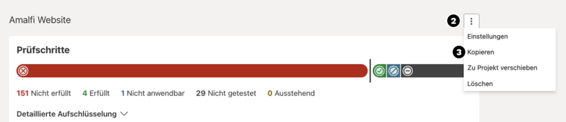 Screenshot einer Projektansicht mit dem Menü weitere Aktionen