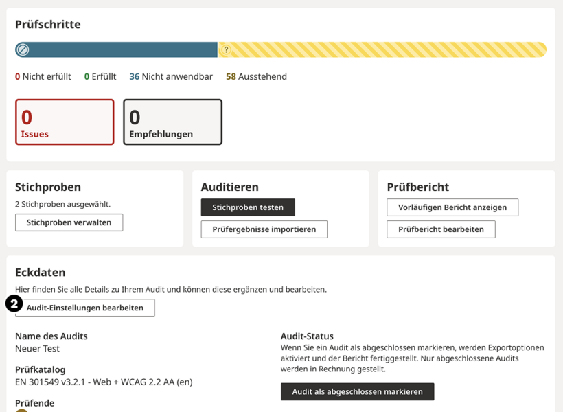 Screenshot Audit-Übersicht: Schalter "Audit-Einstellungen bearbeiten" ist hervorgehoben.