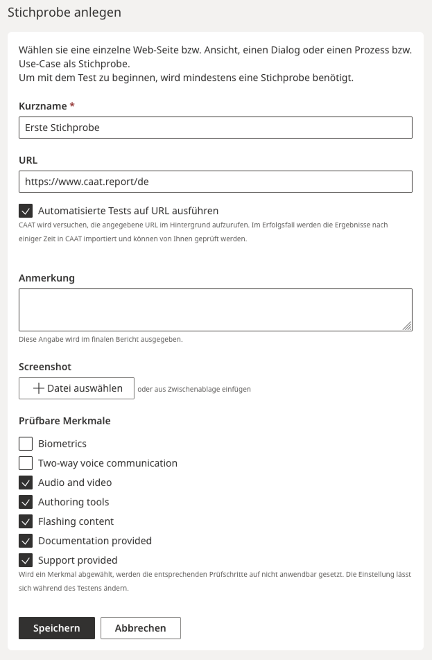 Screenshot der Eingabemaske "Stichprobe anlegen"