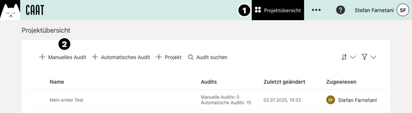 Screenshot der CAAT Projektübersicht, in der ein Button zum Anlegen neuer Projekte oberhalb der Projektliste markiert ist.