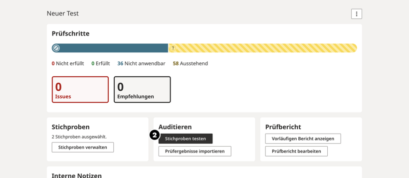 Screenshot Audit-Übersicht. Der Schalter "Stichprobe testen" ist hervorgehoben.