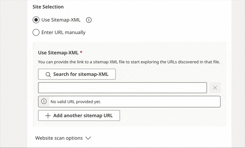 Animation der Funktion "Sitemap-XML suchen" in der CAAT-Oberfläche: Nach Eingabe der Website-URL und Klick auf den Schalter wird automatisch eine gültige Sitemap-URL gefunden und in das Eingabefeld eingefügt.